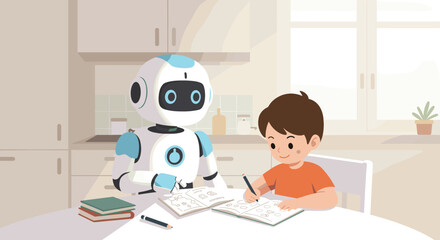 Young caucasian boy learning with robot tutor at home table in modern kitchen. Vector illustration