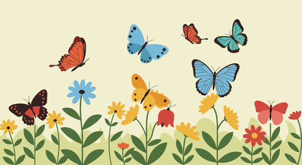 Colorful butterflies and flowers in a vibrant spring garden scene. Vector illustration