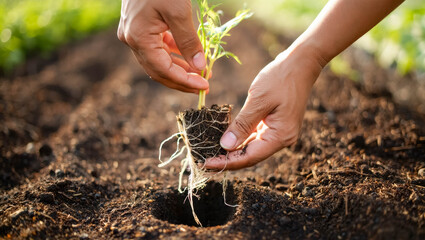 Close-up of hands placing a small plant with visible roots into a hole in rich, dark soil during early morning light