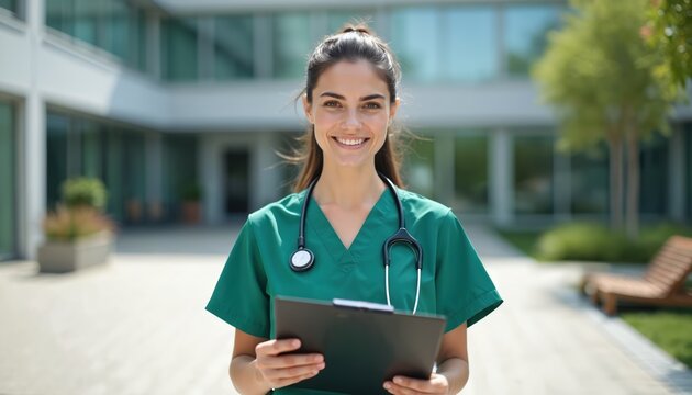 Smiling female nurse in green uniform holds clipboard outside modern clinic. Stethoscope around neck suggests medical expertise. Caring healthcare pro ready for patient assistance, treatment.