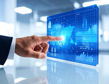 Business hand interacting with a holographic digital dashboard