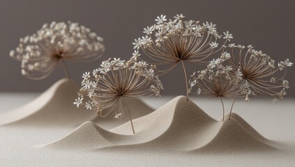 Dried flowers in miniature sand dunes.