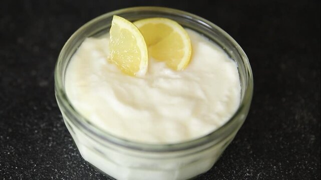 Lemon yogurt natural product skyr sour milk skir fresh delicious gourmet food background on the table rustic food top view copy space keto and paleo diet vegetarian food