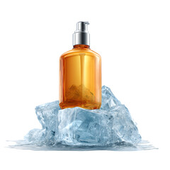 Amber Pump Bottle on Melting Ice Cubes Isolated on Transparent Background

