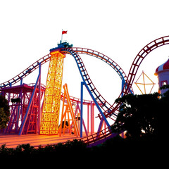 A vibrant rollercoaster with a red flag atop a lattice tower against a white background at sunset hour created with generated ai