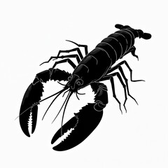 Monochrome illustration features black lobster silhouette on white background. Clean graphic design marine invertebrate with prominent claws, ideal for culinary themes, restaurants, nautical branding.