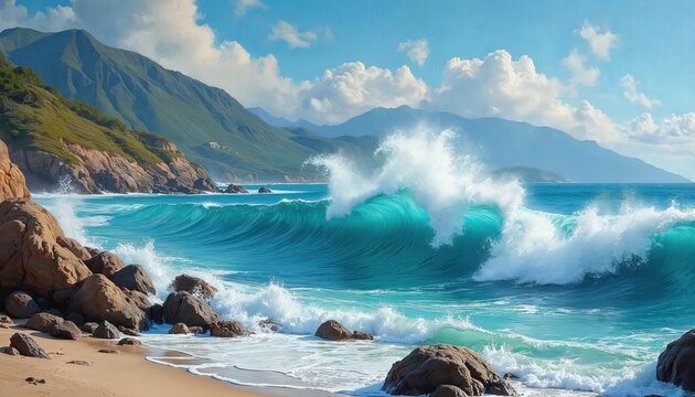 Crashing turquoise ocean waves meet rocky shore under bright blue sky with fluffy clouds. Sunlight illuminates dramatic sea motion against coastal mountains. Picturesque natural landscape offers - Powered by Adobe