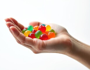 Hand holding colorful jelly beans candies. Small handful of sweet chewy gelatinous treats in various vibrant colors, isolated on clean white background. Offers sweet, delightful, sugary snack option.