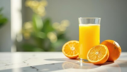 A glass of orange juice, pitcher, and fresh oranges on a marble table ,  sweet,  texture,  beverage