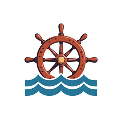 Ship's steering wheel above waves, colorful illustration, nautical theme
