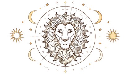 Lion's head surrounded by celestial symbols