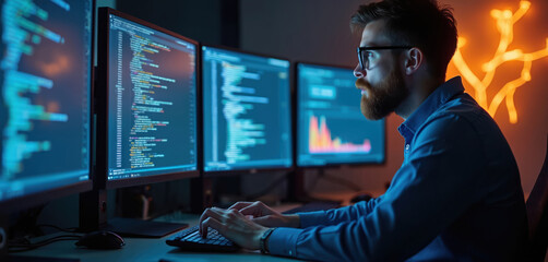 Bearded man works late at night, intensely focused on multiple computer screens displaying data, code. Programmer types on keyboard in dimly lit office, surrounded by technology. Wears glasses,