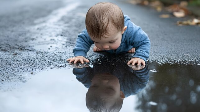 Adorable infant exploring puddle reflection on wet pavement after rain playful childhood curiosity discovery - Powered by Adobe