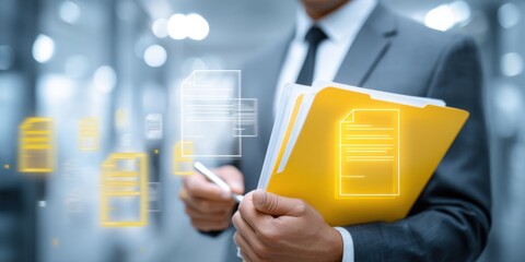 Professional holding a yellow folder and pen while reviewing digital documents in a modern office environment during a workday