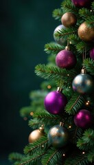 Evergreen tree with purple and gold ornaments and pine cones, purple ornaments, gold decorations, evergreen trees