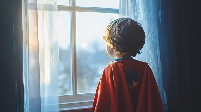 Young child looking out window wearing cape, childhood dreams and imagination concept, hope and future view