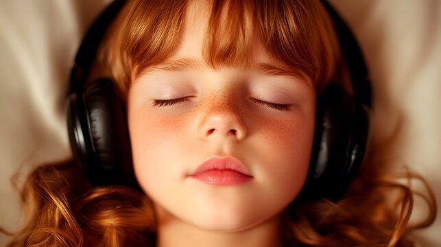 Young girl listening music with headphones relaxation and wellness child enjoying sound therapy for sleep