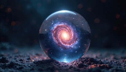 Swirling galaxy contained within glass sphere rests on alien terrain. Vast cosmos, stars, nebulae, stardust visible inside. Outer space exploration, celestial bodies, cosmic discovery themes
