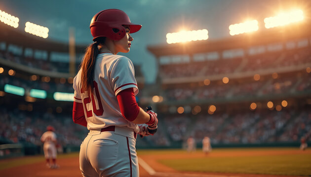 Female baseball player in uniform stands on field during game. Woman athlete focused on play, ready to hit or field. Stadium lights shine brightly in background, illuminating packed spectator stands. - Powered by Adobe