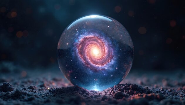 Swirling galaxy contained within glass sphere rests on alien terrain. Vast cosmos, stars, nebulae, stardust visible inside. Outer space exploration, celestial bodies, cosmic discovery themes