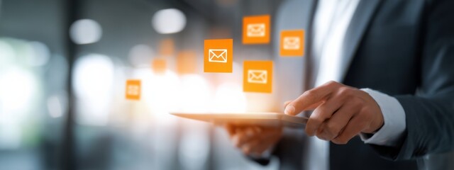 Business professional checking emails on tablet while surrounded by digital icons in modern office environment