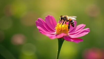 Close-up of a single rapeseed bloom on a branch with a flying bee hovering above, bee, nature, insect