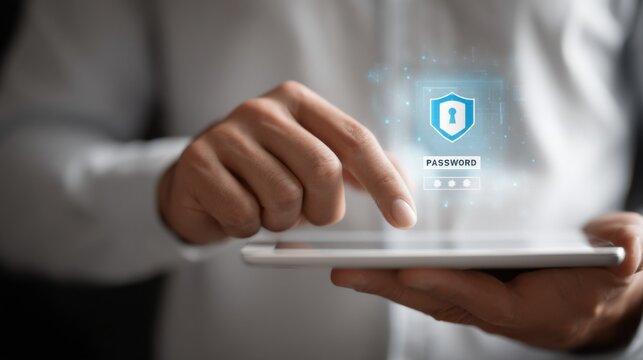User entering password on tablet with security icon in modern digital environment