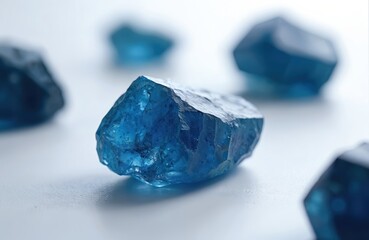 Raw blue gemstones scattered on a white surface creating a striking visual display. These rough crystals exhibit natural facets and internal light refraction, suggesting high quality and rarity.