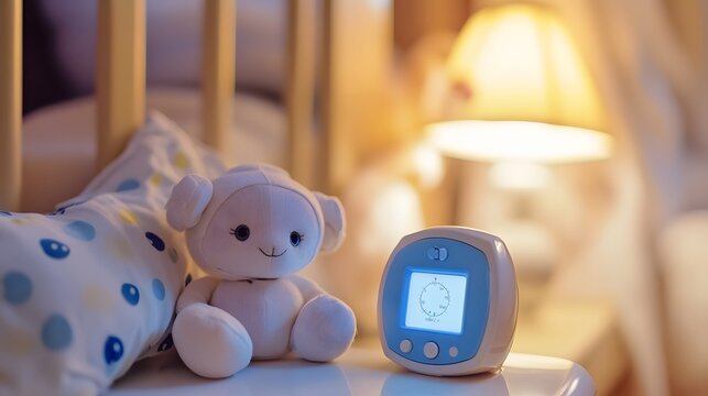 Night light for baby with sleep trainer and stuffed animal in nursery for gentle bedtime routine