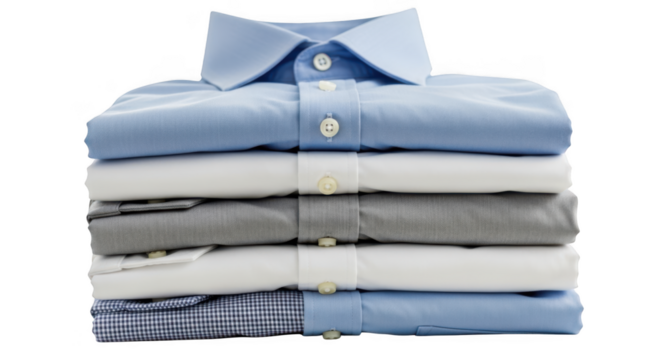 A neatly stacked pile of folded shirts in various colors isolated on transparent background
