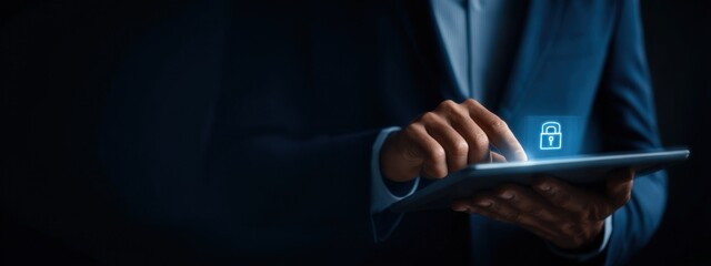 Businessman using tablet to secure data with digital lock symbol at night in office