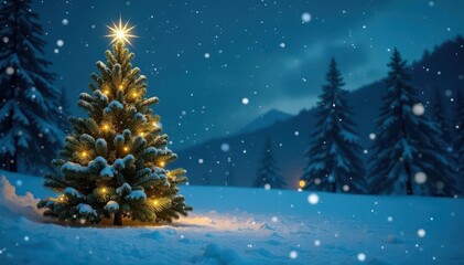 Snowy Night Scene with Festive Green Christmas Tree, winter, Christmas tree, golden ornaments
