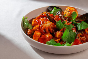 Traditional Korean tteokbokki with seafood mix including mussels, baby octopus, spicy sauce, boiled egg and sesame served in a ceramic bowl under natural daylight