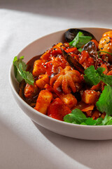 Traditional Korean tteokbokki with seafood mix including mussels, baby octopus, spicy sauce, boiled egg and sesame served in a ceramic bowl under natural daylight
