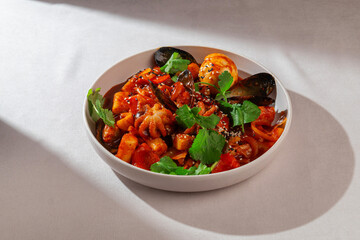 Traditional Korean tteokbokki with seafood mix including mussels, baby octopus, spicy sauce, boiled egg and sesame served in a ceramic bowl under natural daylight