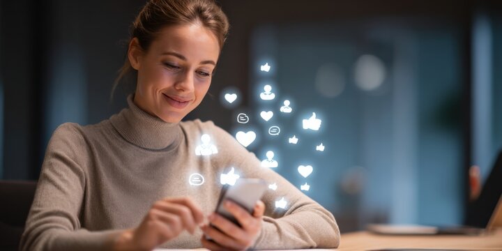 Engaged woman using smartphone at night with social media icons floating around her