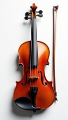 Fototapeta premium Classic violin and bow, pristine white backdrop, instrument, violin