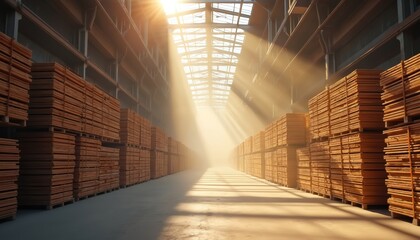 Fototapeta premium Sunlight streams through warehouse ceiling, illuminating rows of stacked lumber, wood. Stacks of timber create pattern of texture, light on industrial interior floor. Scene captures of construction