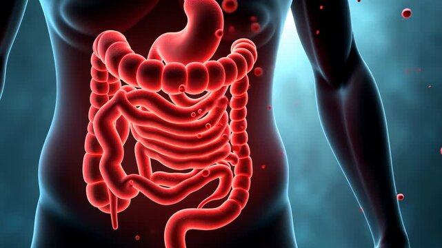 Pain intestines, bowel inflammation, stomach ache. Gut health. Intestinal walls thicken causing discomfort. Stomach lining irritation affects digestion. Gastrointestinal stability crucial for health