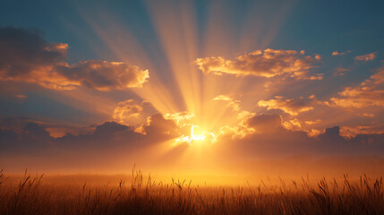sunlight through warm clouds over nature field