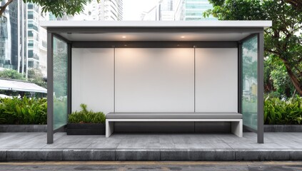 Modern bus stop with blank advertising panels.