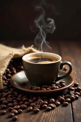 Cozy coffee cup with wispy smoke amidst coffee beans in burlap sack on old wooden table, burlap, coffee table, smoke