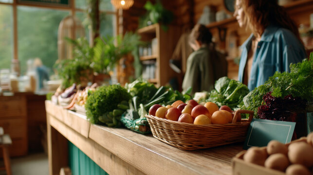 Indoor market stand with apples, greens and vegetables in wicker basket - Powered by Adobe