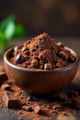 Dark chocolate chunks & cocoa powder in rustic bowl, table, ingredient, close-up