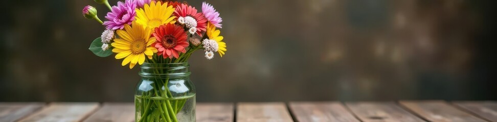 Fototapeta premium Fresh wildflowers in mason jar on wooden table , bouquet, flowers, tabletop