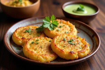 Utta pams sliced onion on serving platter with side of green coconut chutney and sambhar sauce, Indian flatbread, chutney