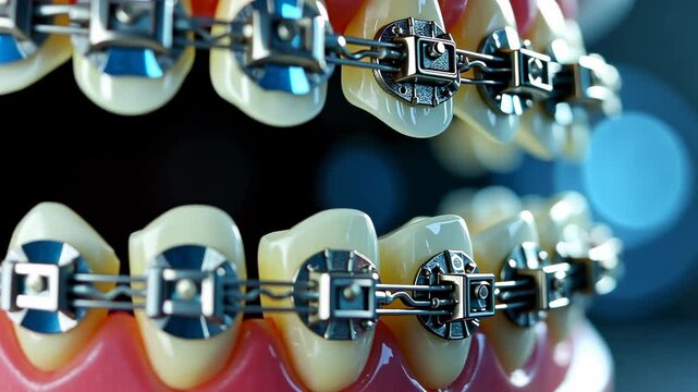 Braces dental, Orthodontic treatment, Teeth alignment. Dental health. Brackets hold archwire effectively. Orthodontist adjusts tooth position. Proper care ensures gum safety.