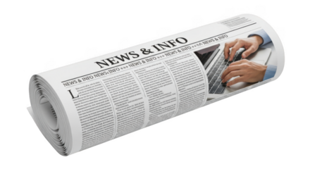 A rolled newspaper with news and information isolated on transparent background