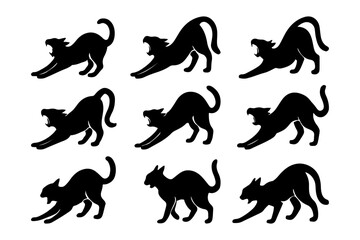 Black cats stretching and yawning isolated on white background