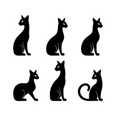 Elegant black cat silhouettes in various poses isolated on white background